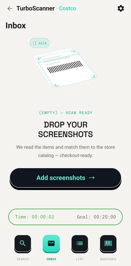 Empty inbox inviting you to drop in a screenshot